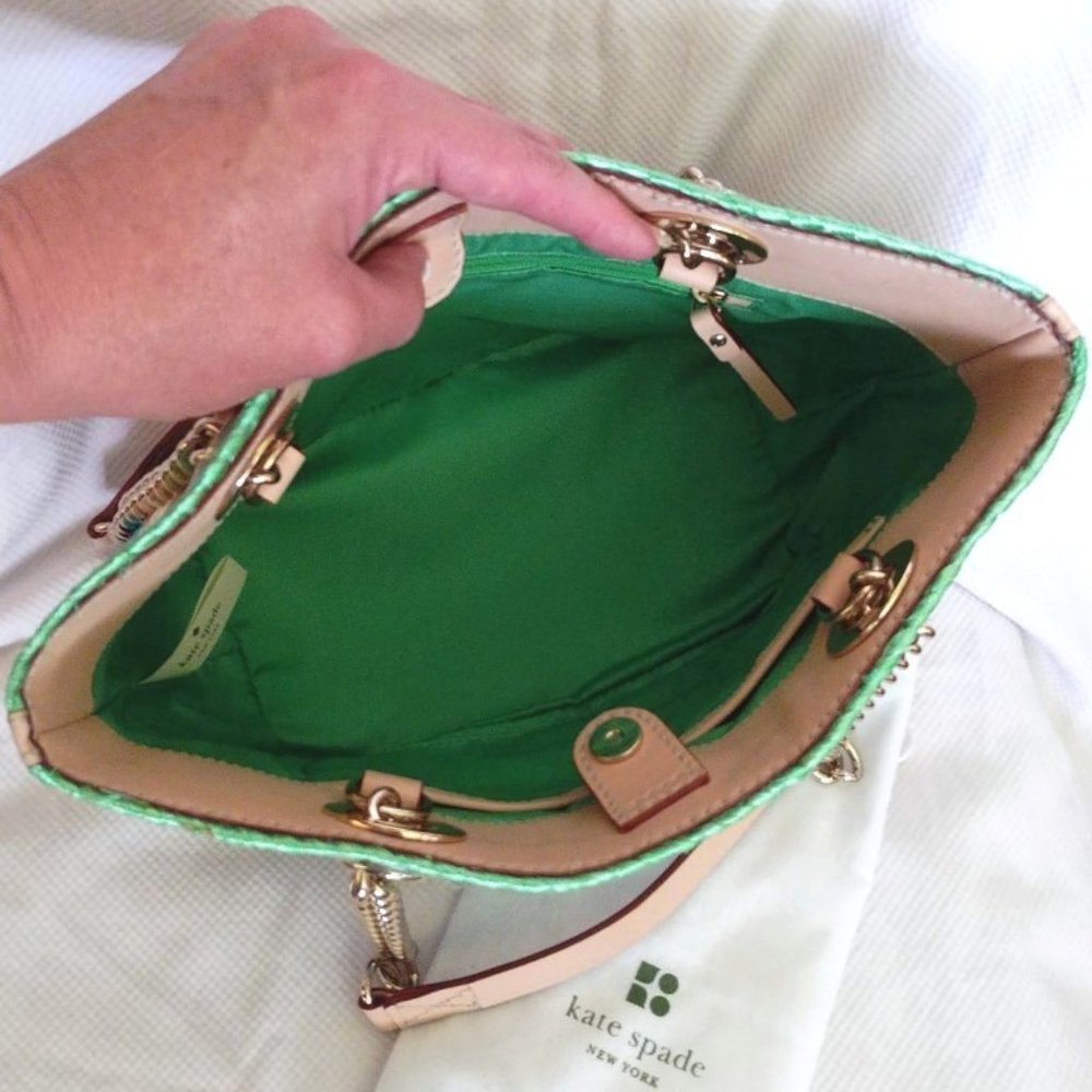 Kate Spade Chelsea Market Straw and Leather Chain Handle Tote in Shamrock, EUC - Picture 2 of 8
